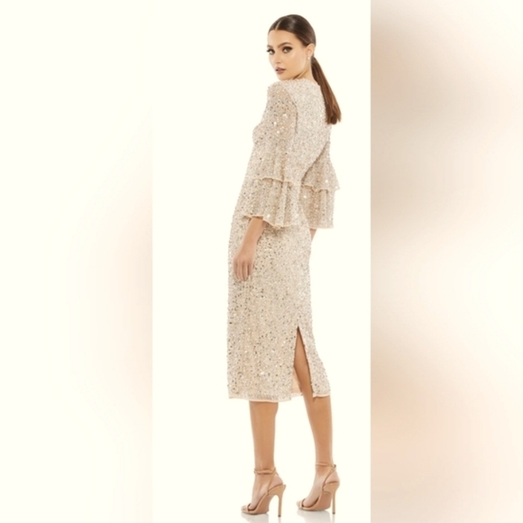 NWT! Mac Duggal, Fully Sequined Ruffle Tiered 3/4 Sleeve Midi Dress,Nude, SIZE 2 - Picture 4 of 12
